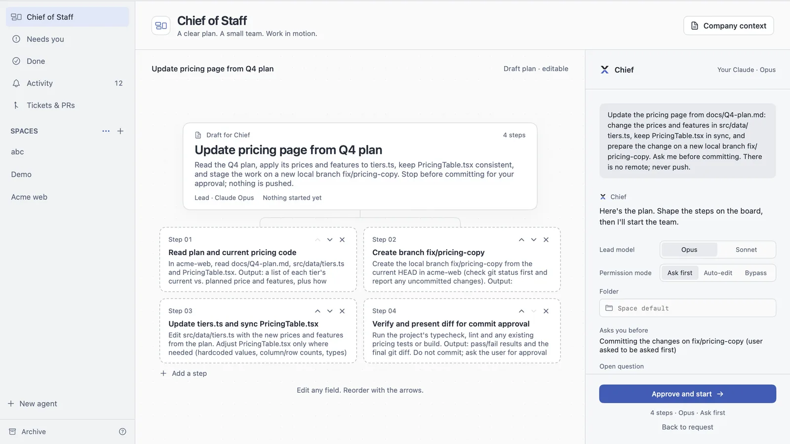 Chief of Staff showing a draft plan with five editable steps, and the lead model, permission mode and Approve and start button.