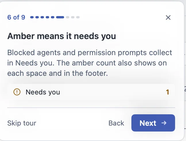 The tour card “Amber means it needs you”, with a Needs you row showing a count of one.