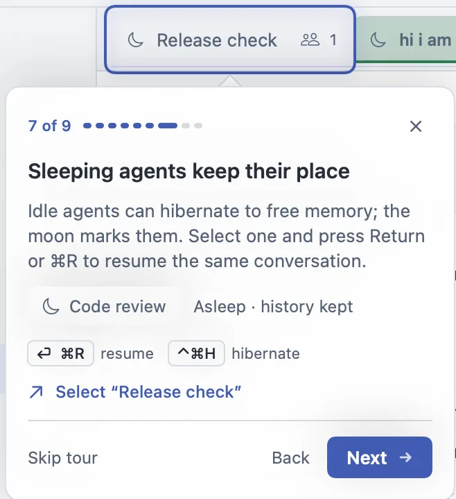 The tour card “Sleeping agents keep their place”, with a sleeping tab and the resume and hibernate shortcuts.