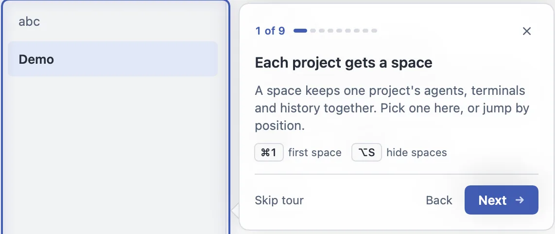 The first stop of the tour, “Each project gets a space”, beside the sidebar list of spaces.